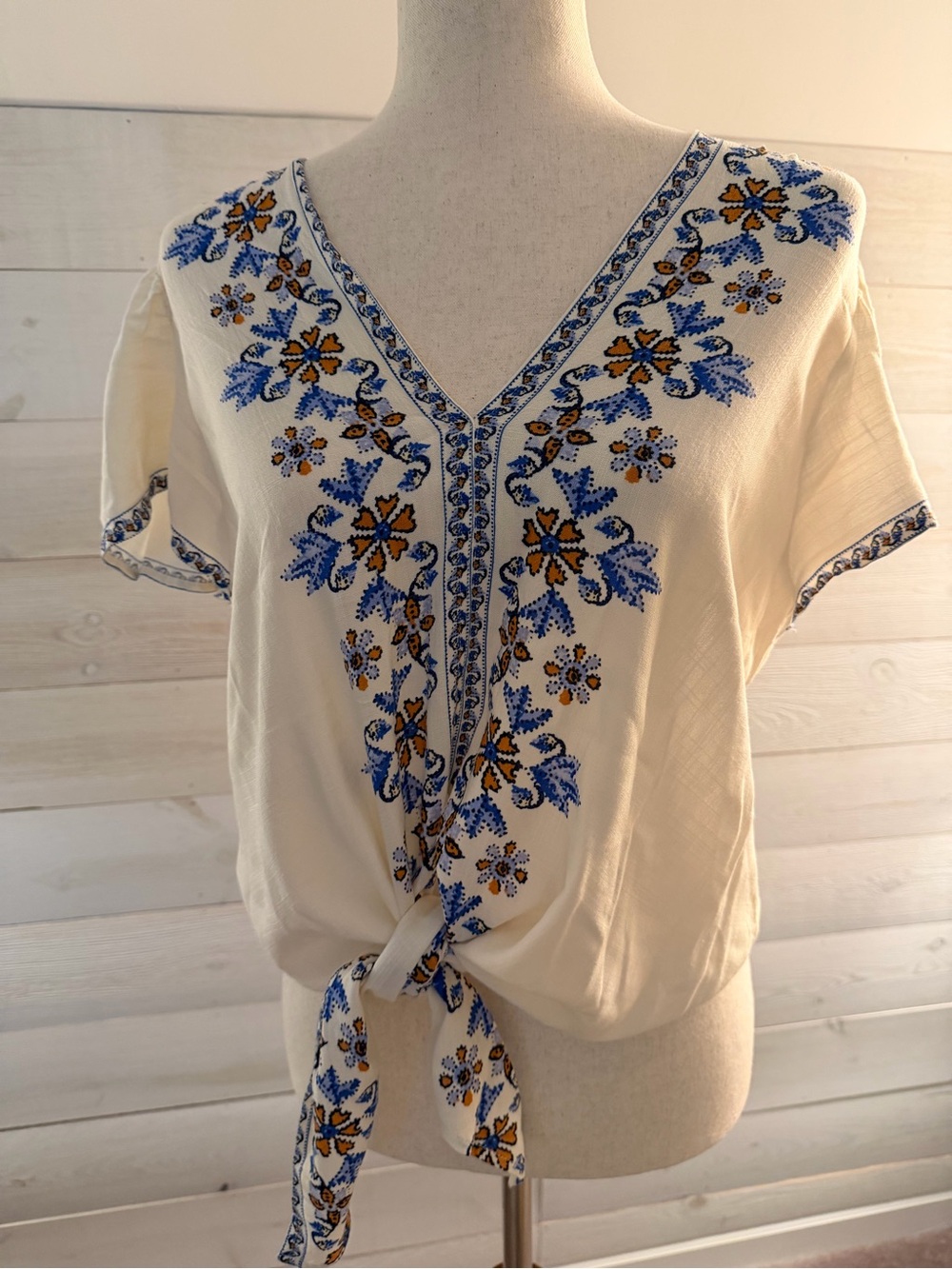 Max Studio Cream Tie-Front Blouse with Blue & Gold Embroidery